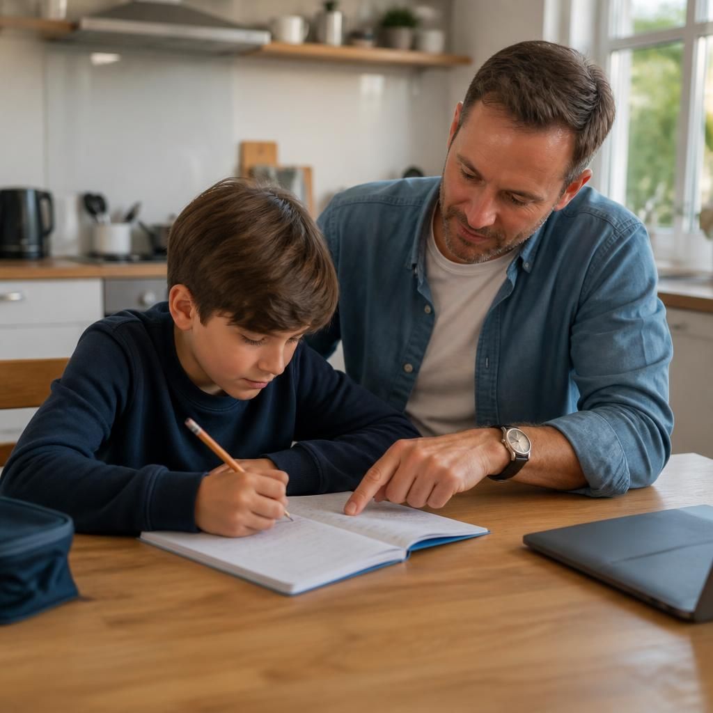 Foster carer helping a child with homework at a kitchen table