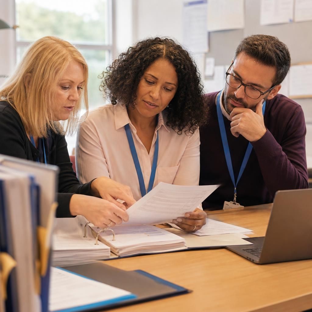 Care professionals reviewing placement information and safeguarding records