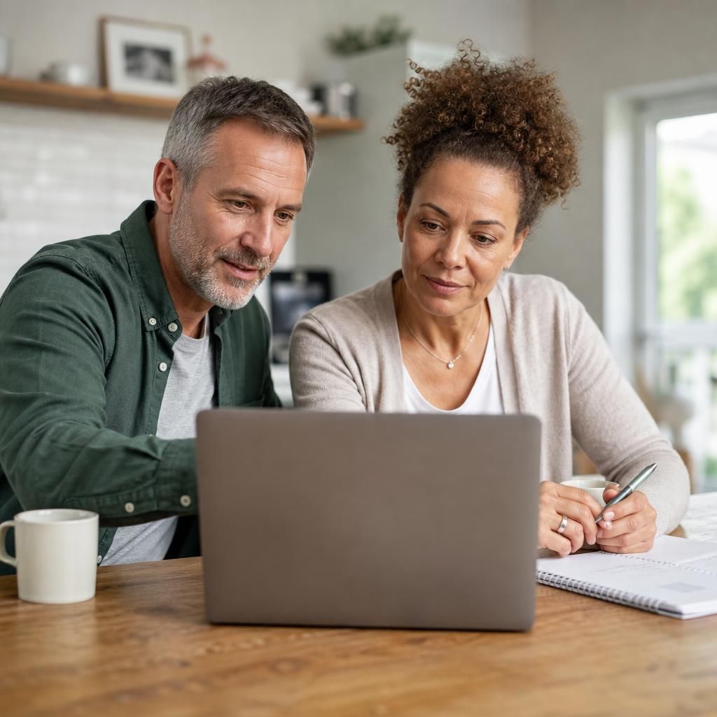 Adults reviewing online foster care training materials on a laptop at home