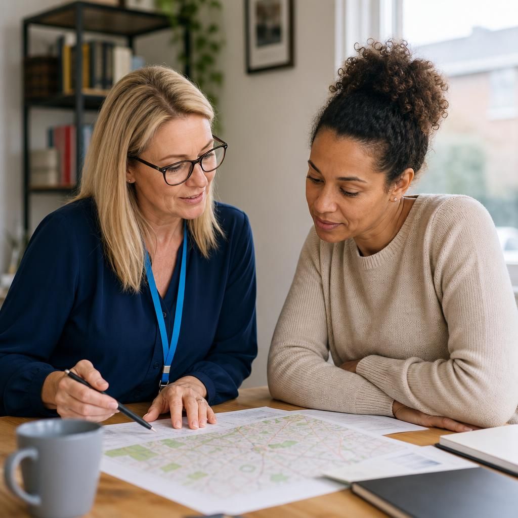 Foster carer and social worker reviewing local placement information