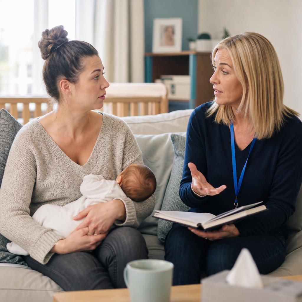 Foster carer speaking with a professional about an infant’s needs