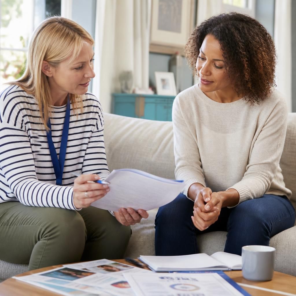 Foster carer discussing training materials with a social worker