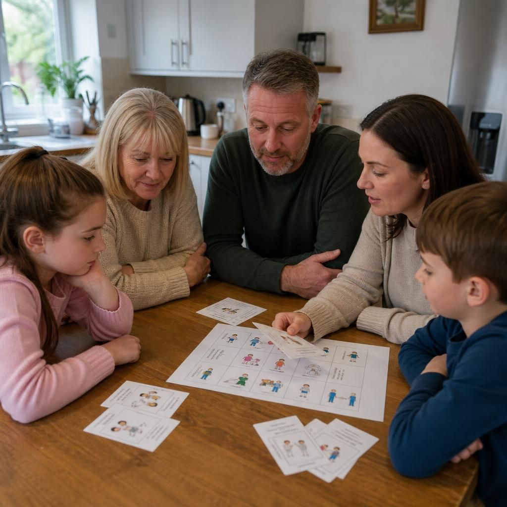Adults and children reviewing a family roles chart around a kitchen table