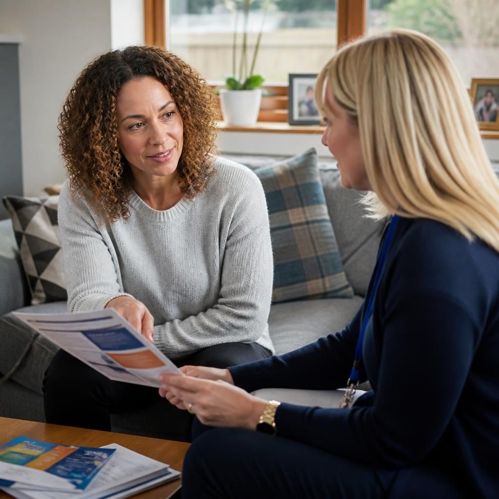 Foster carer discussing training materials with a social worker at home