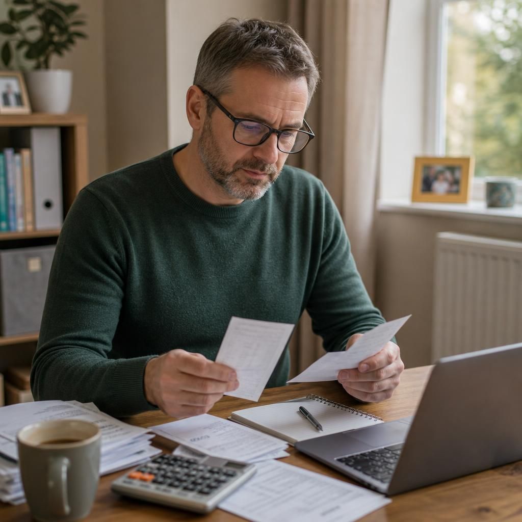 Foster carer reviewing fostering receipts and financial records at a desk