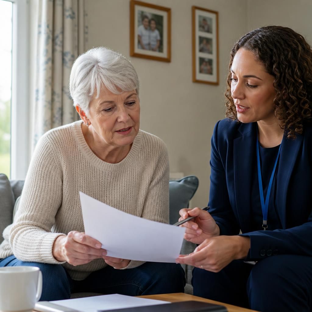Grandparent reviewing a fostering allowance document with a social worker