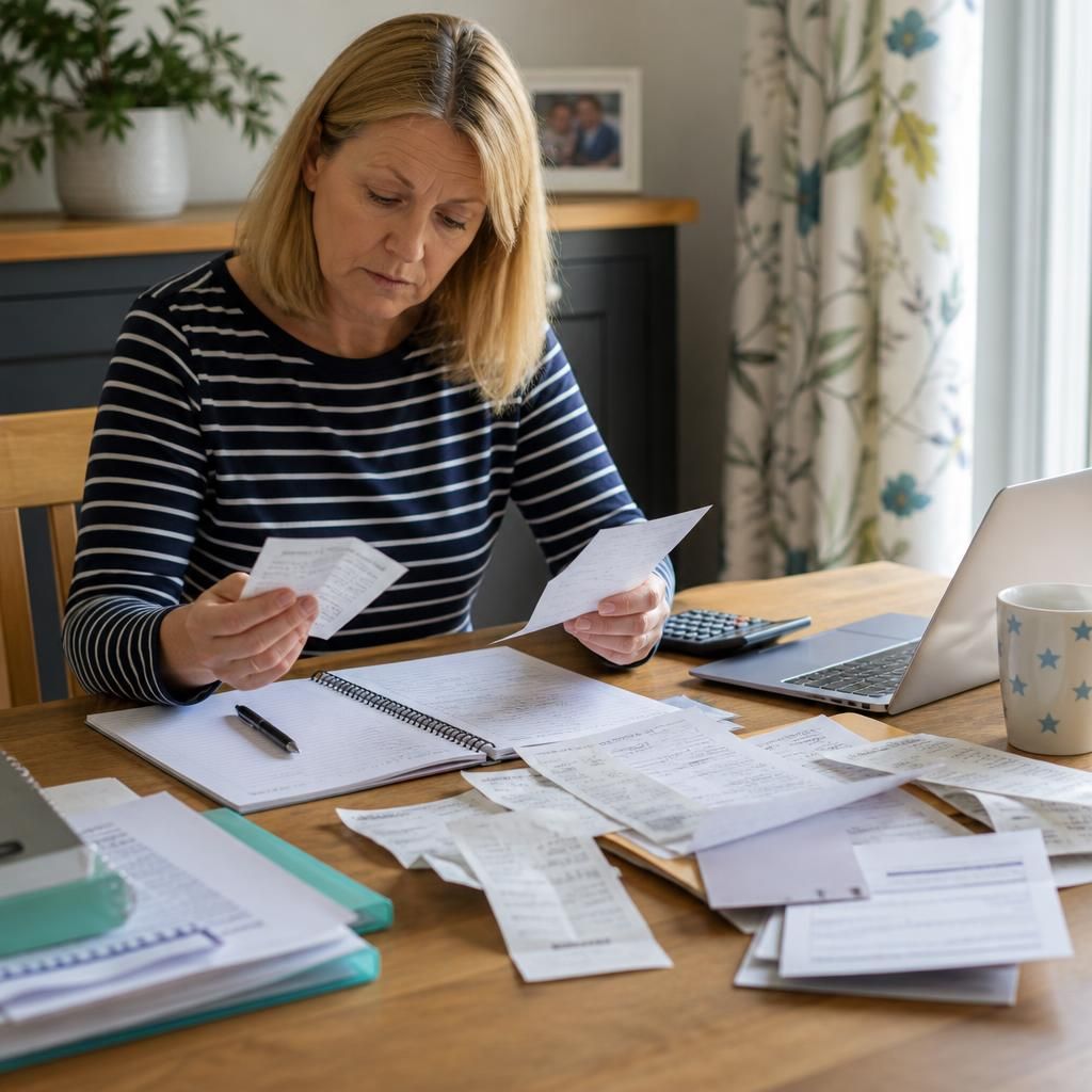 Kinship carer sorting receipts, invoices and school expense records at a desk