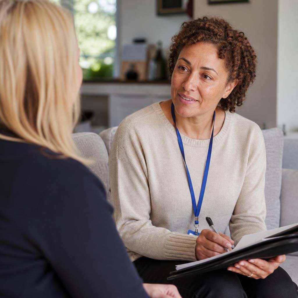 Foster carer speaking with a supervising social worker during an approval review