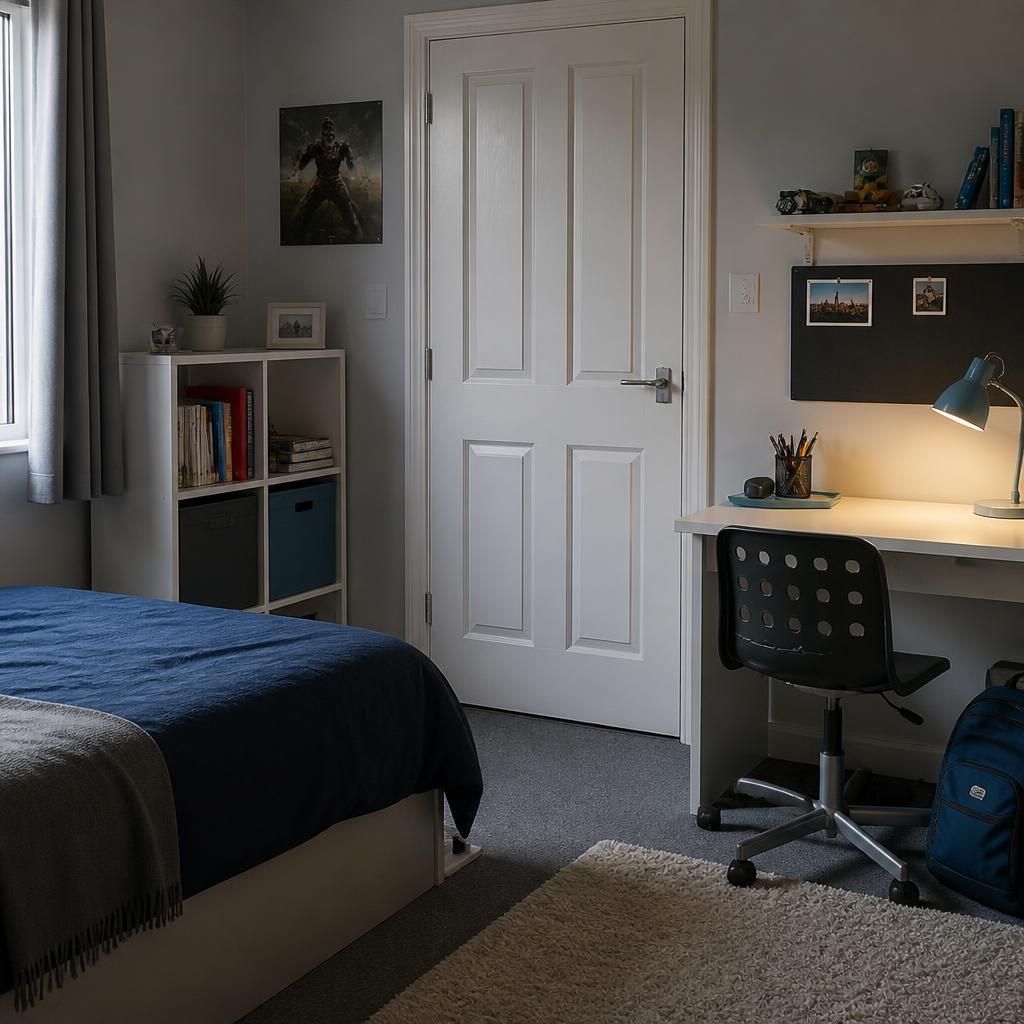 A child’s bedroom with a closed door, personal belongings and a study desk