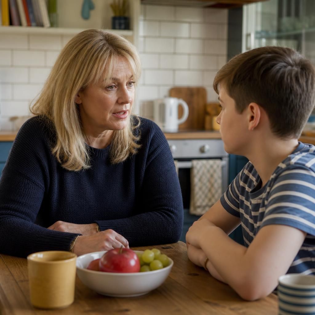 Respite foster carer talking with a child at a kitchen table