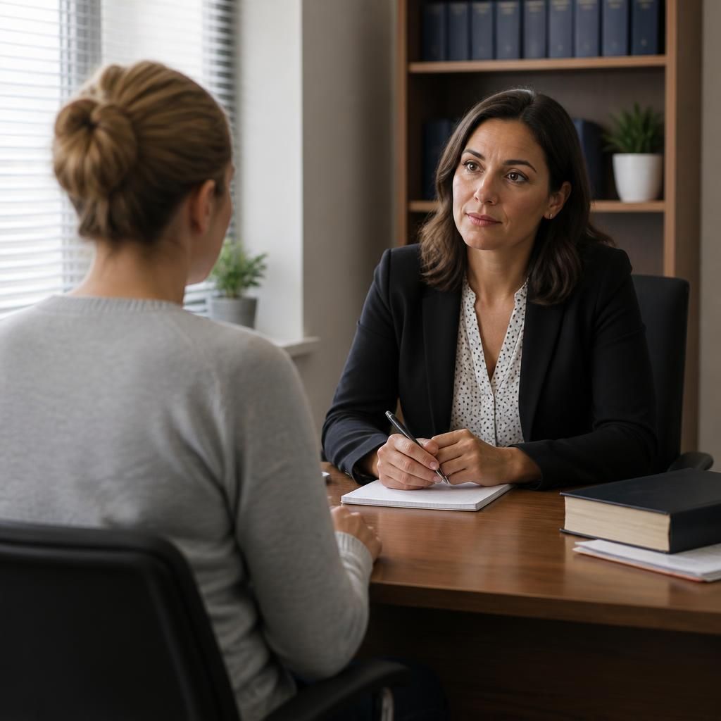 Foster carer speaking privately with a solicitor at a desk