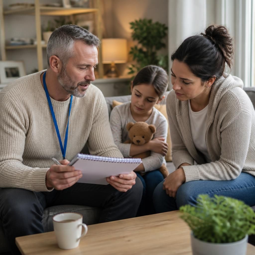 Foster carer and social worker discussing care notes with a child nearby