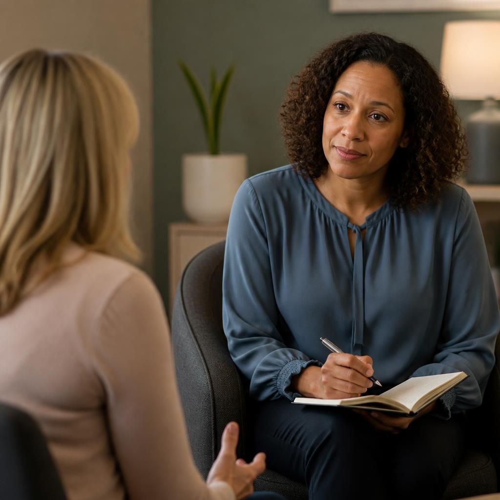 Foster parent speaking with a therapist during a counselling session