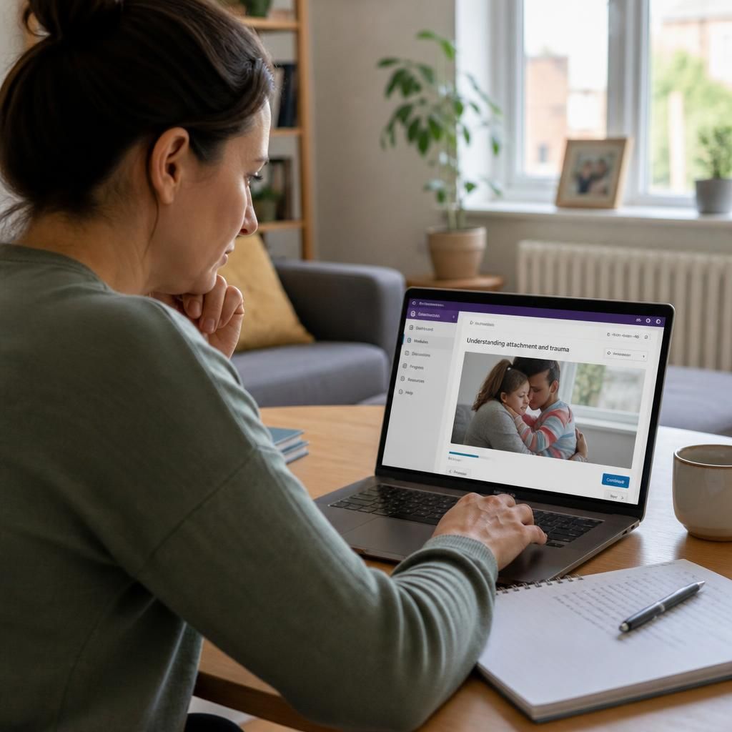 Person completing foster carer training on a laptop with notes beside them