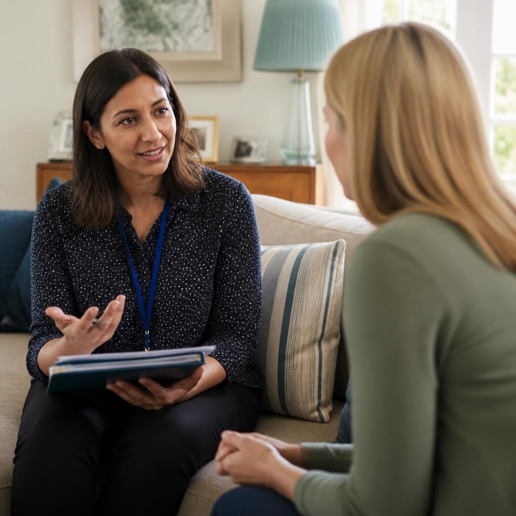 A prospective foster carer speaking with a social worker in a home setting