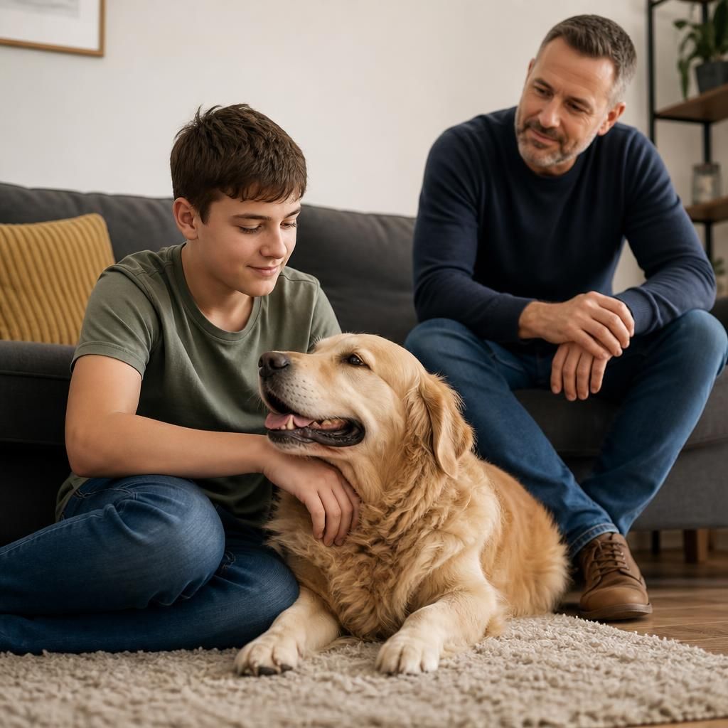 Young person sitting beside a dog while an adult supervises nearby