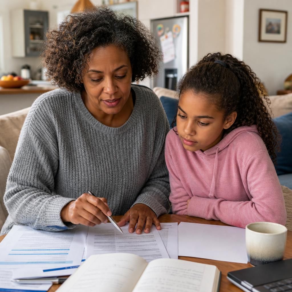 Kinship carer reviewing care documents with a child at home