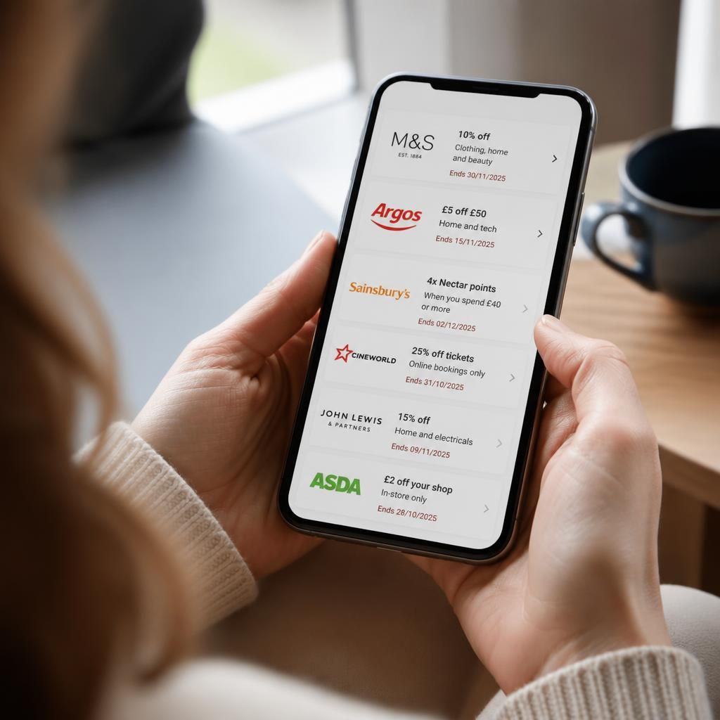 Mobile phone displaying retailer discounts with offer expiry dates
