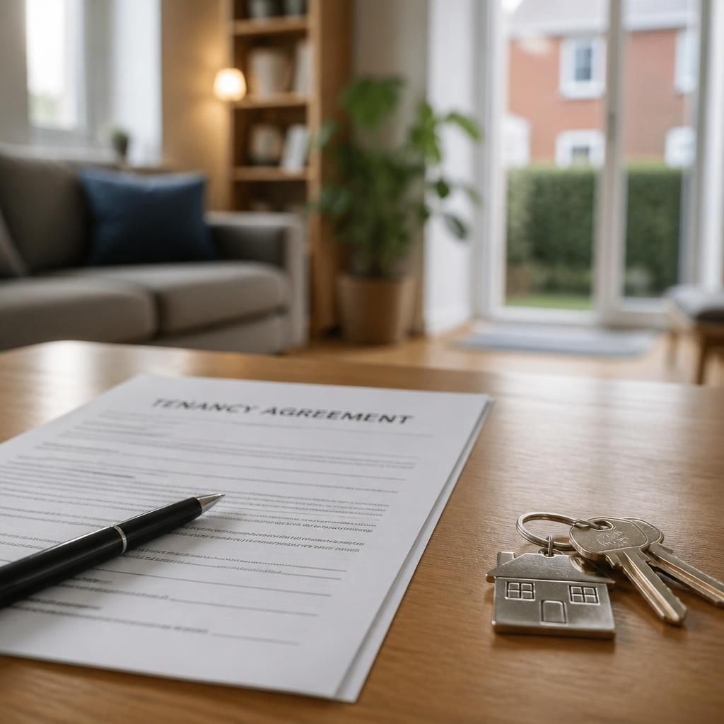 Rented family home with a tenancy agreement and house keys on a table