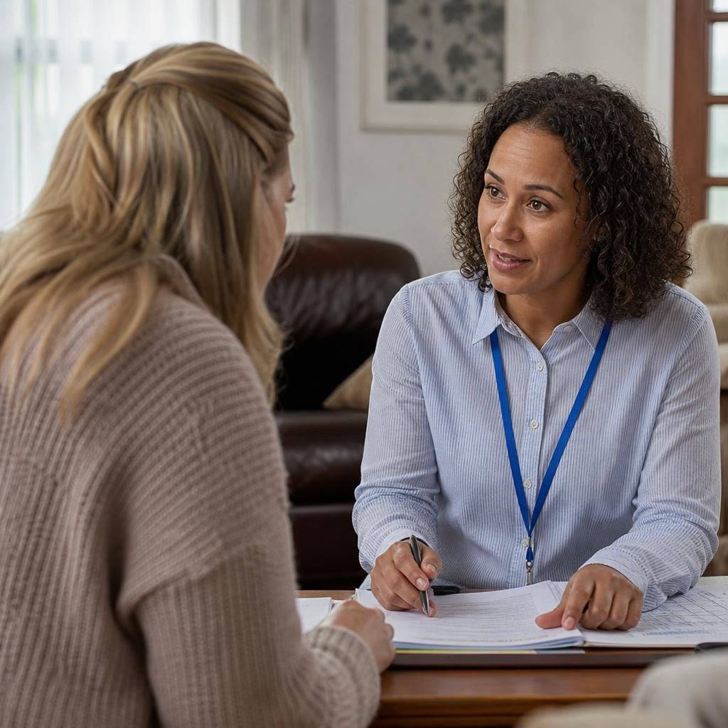 Foster carer discussing placement arrangements with a social worker