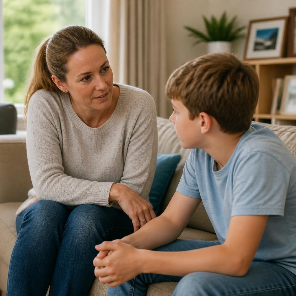 Foster carer talking with a child at home