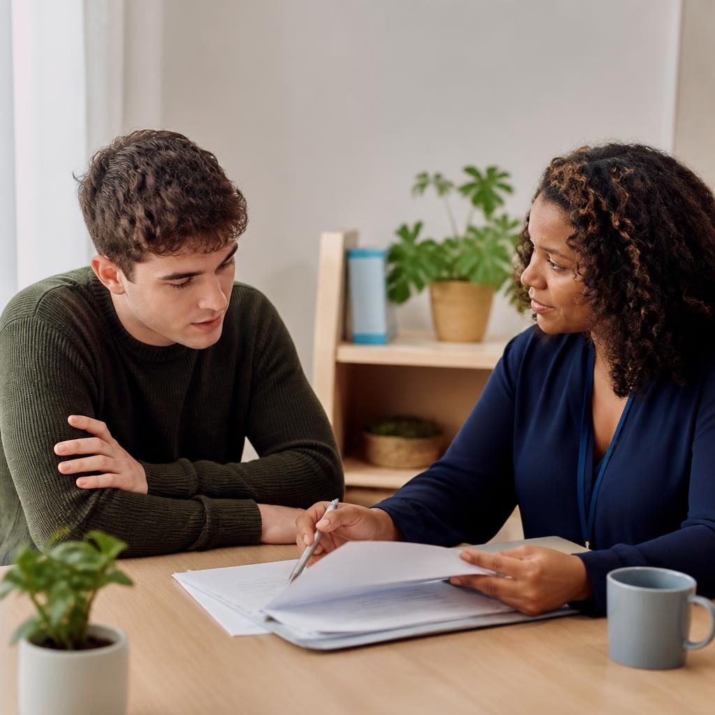 Prospective foster carer reviewing assessment documents with a social worker