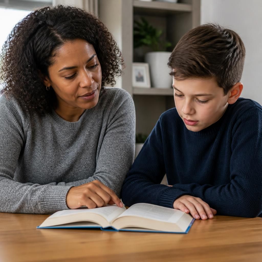 Adult and school-age child reading together at a table