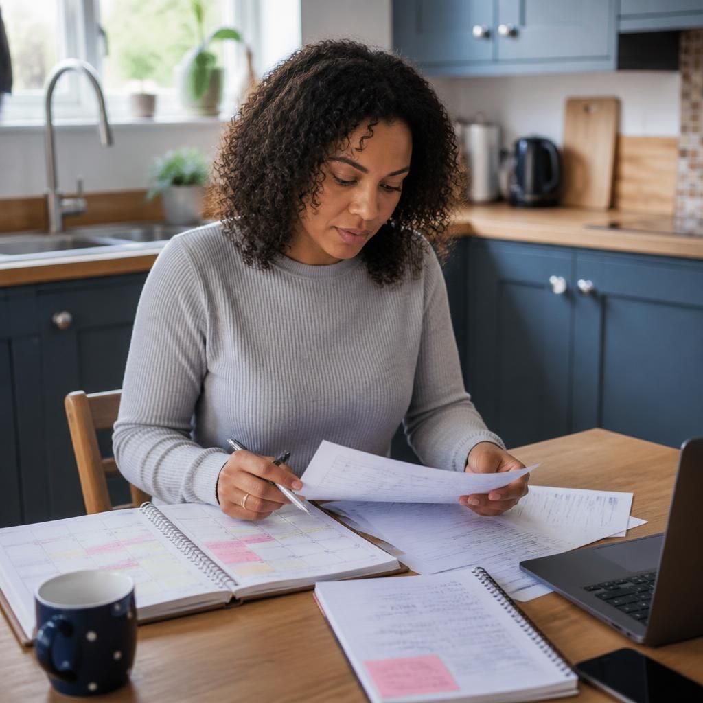 Foster carer reviewing a work timetable and fostering appointment notes at a kitchen table