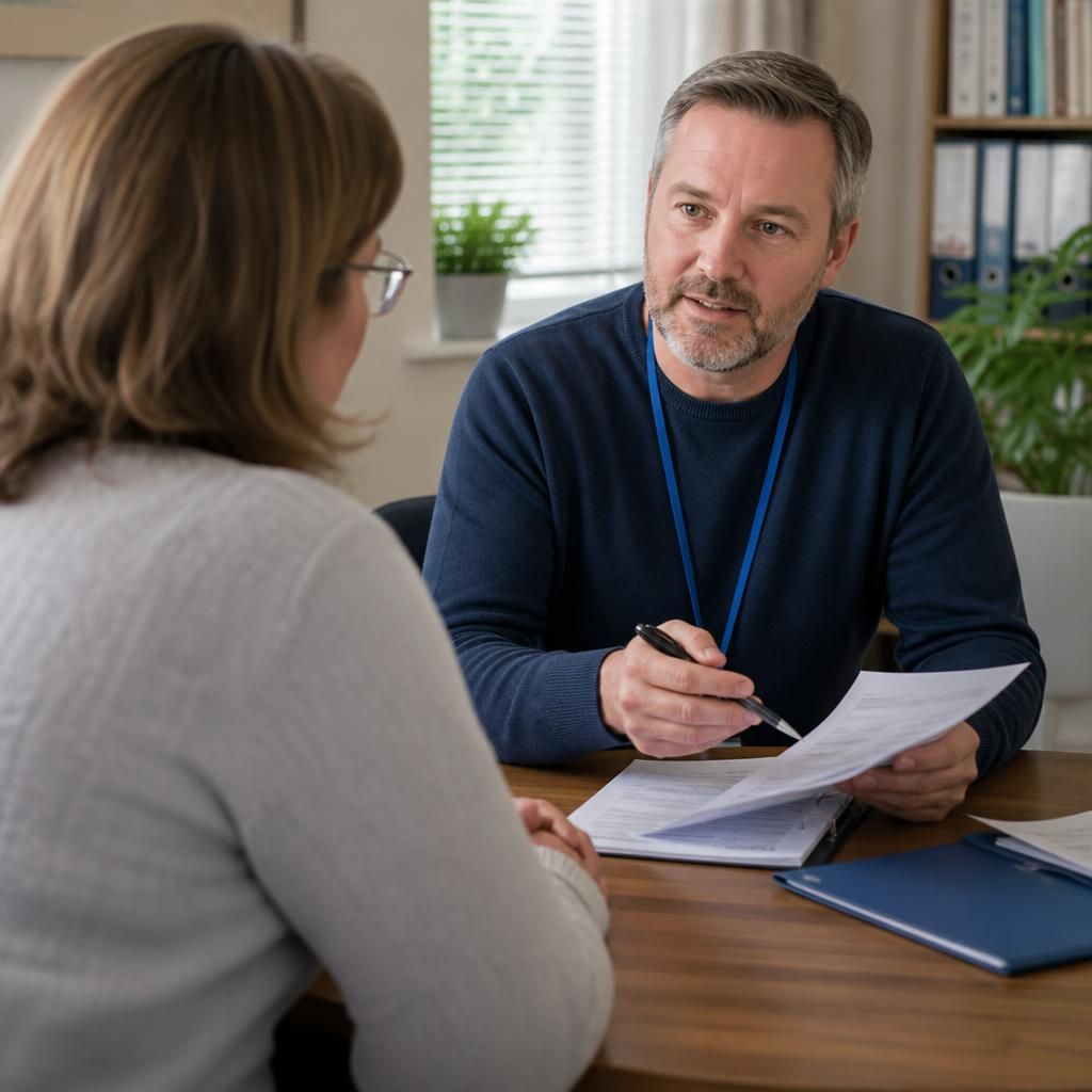 Prospective foster carer discussing application paperwork with a fostering professional