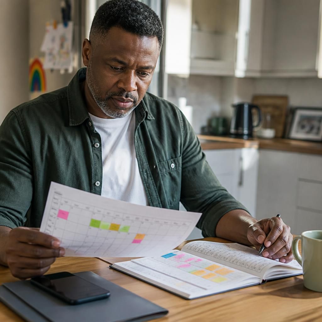 Foster carer reviewing a work calendar and child's care schedule at a kitchen table