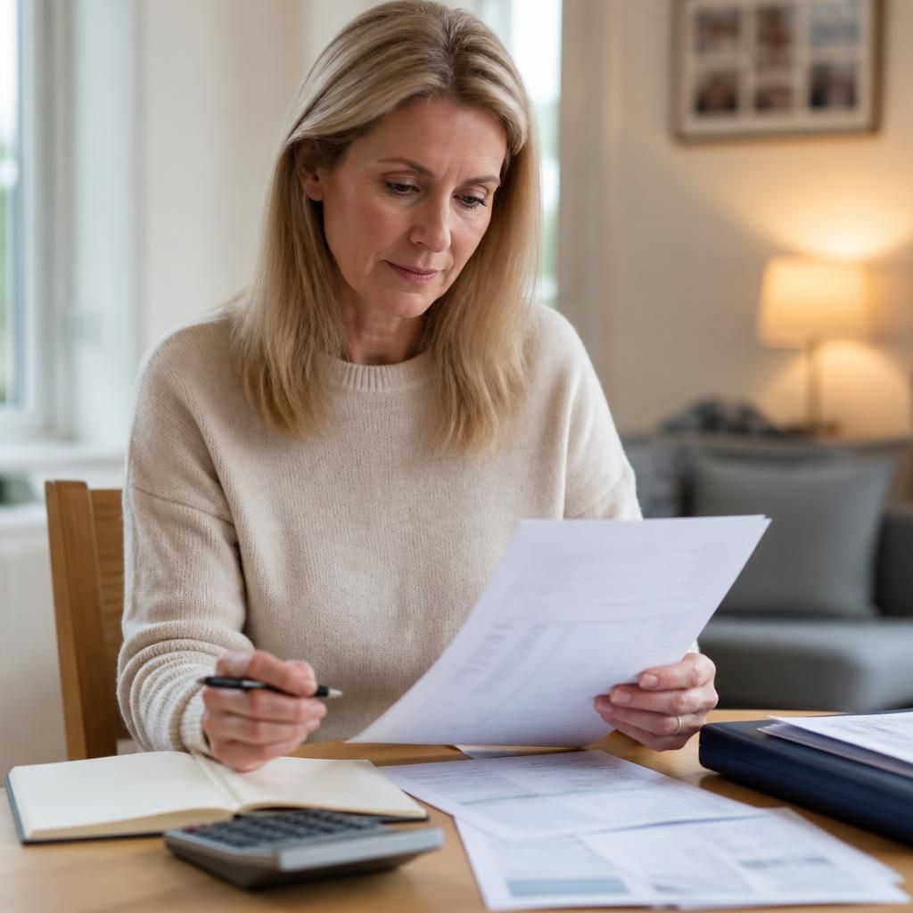 Foster carer reviewing placement records and payment paperwork at home