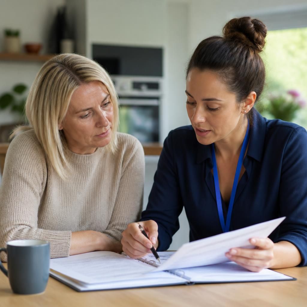 Foster carer and social worker reviewing placement paperwork at a table