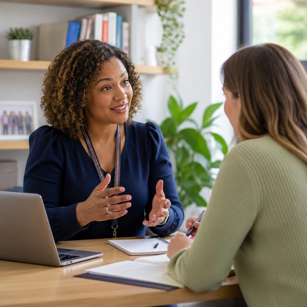Fostering adviser discussing online training with a prospective foster carer