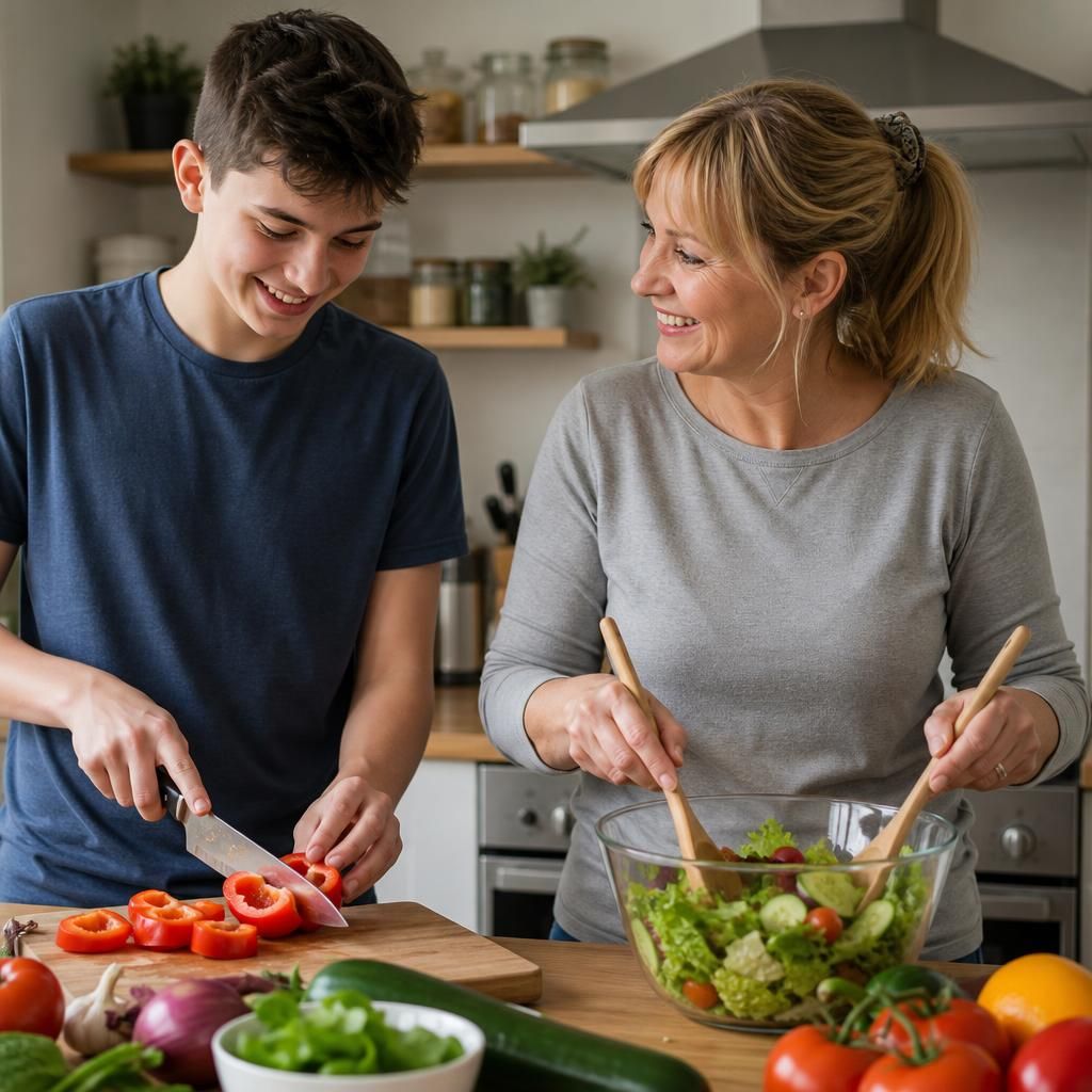 Teenager and foster carer preparing a meal together at home