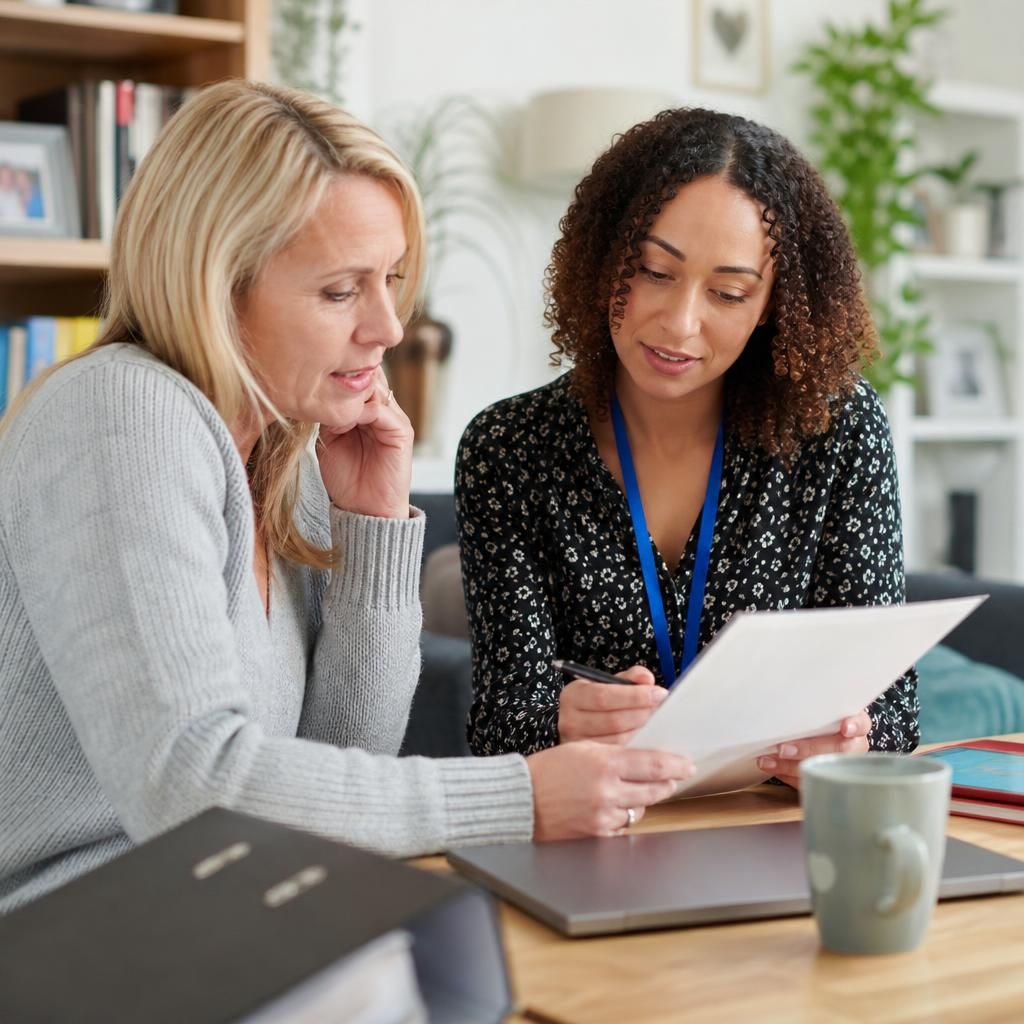 Foster carer reviewing a written payment policy with a social worker