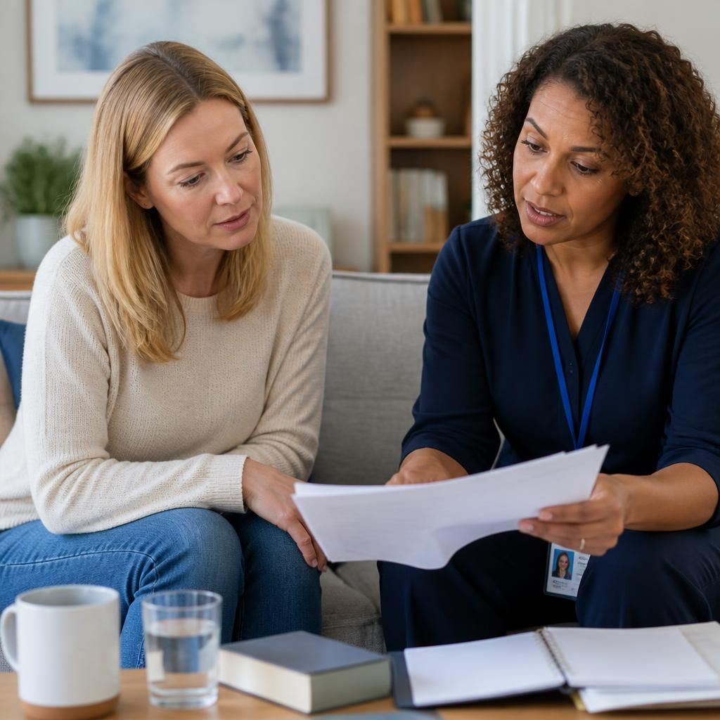 Prospective foster carer discussing assessment paperwork with a social worker
