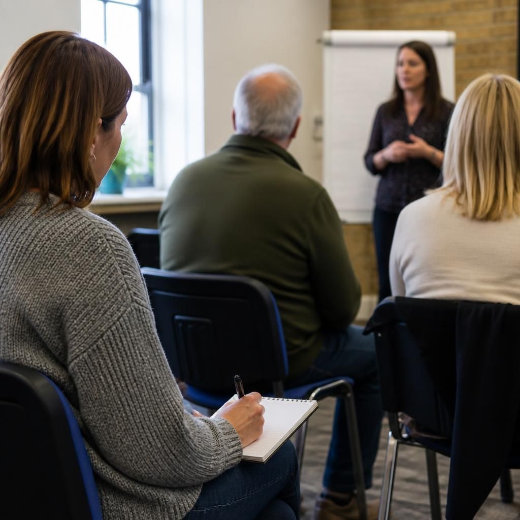 Foster carer taking notes during a safeguarding training session