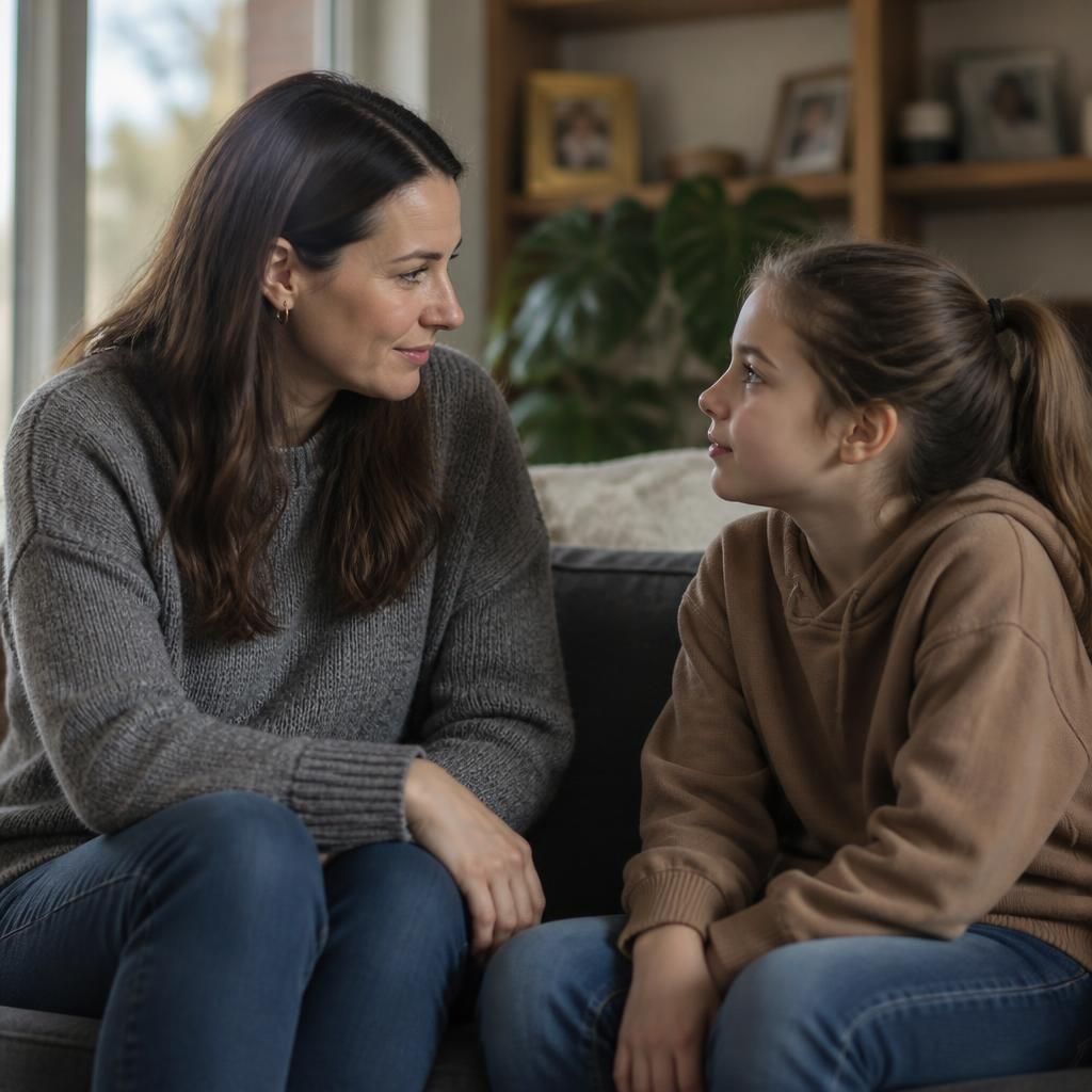Foster carer and child talking together at home