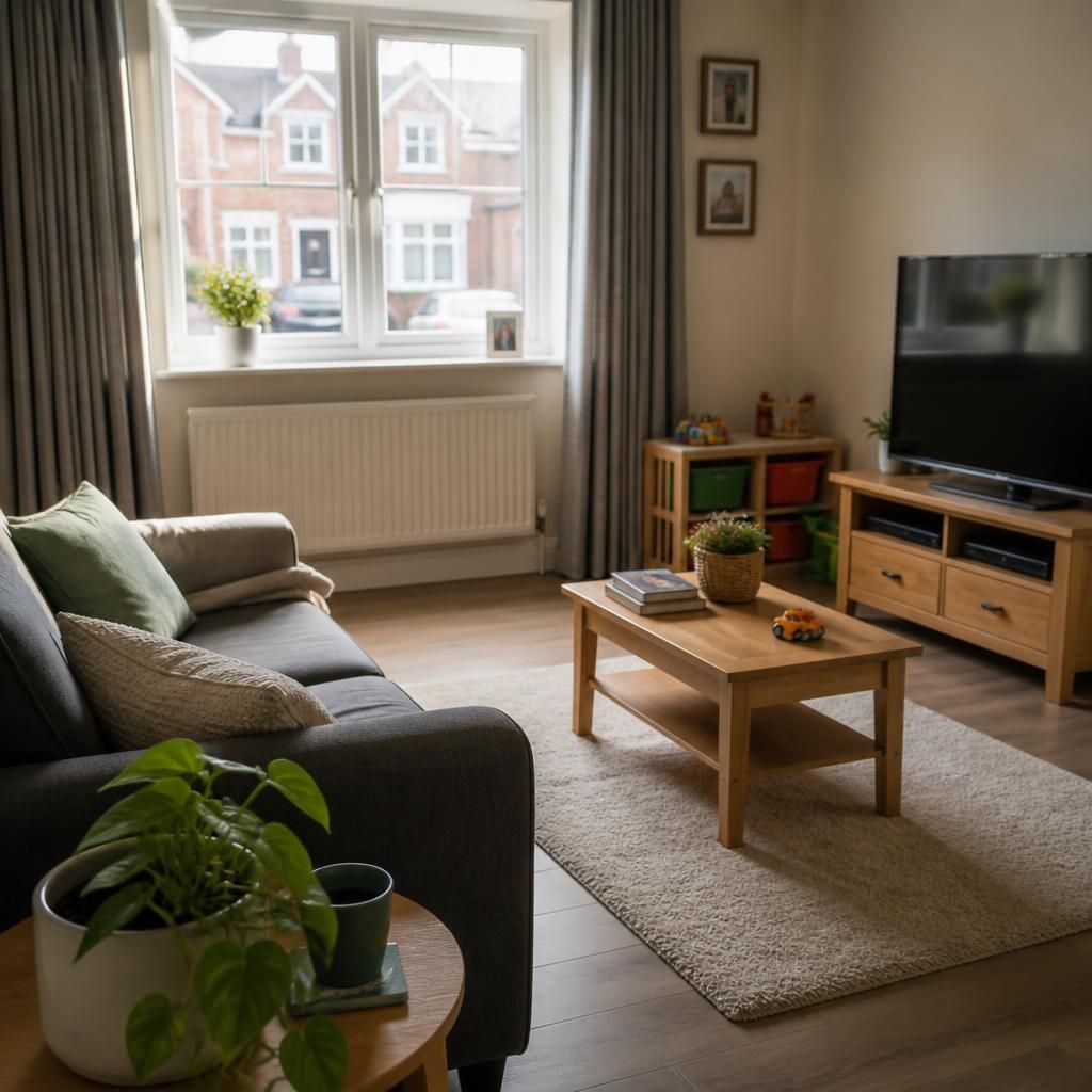 Rented family living room with clear space and child-safe furnishings