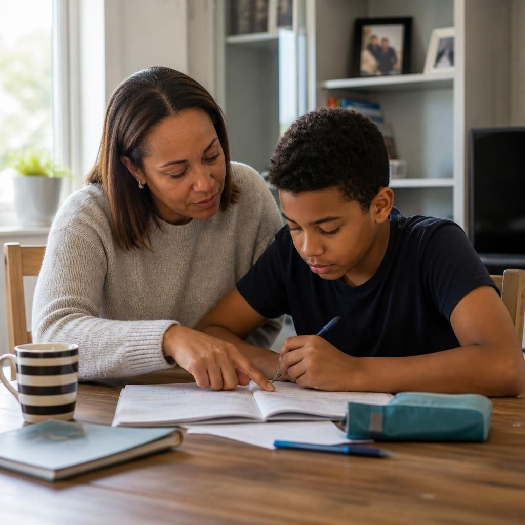 Foster carer supporting a child with homework at a dining table