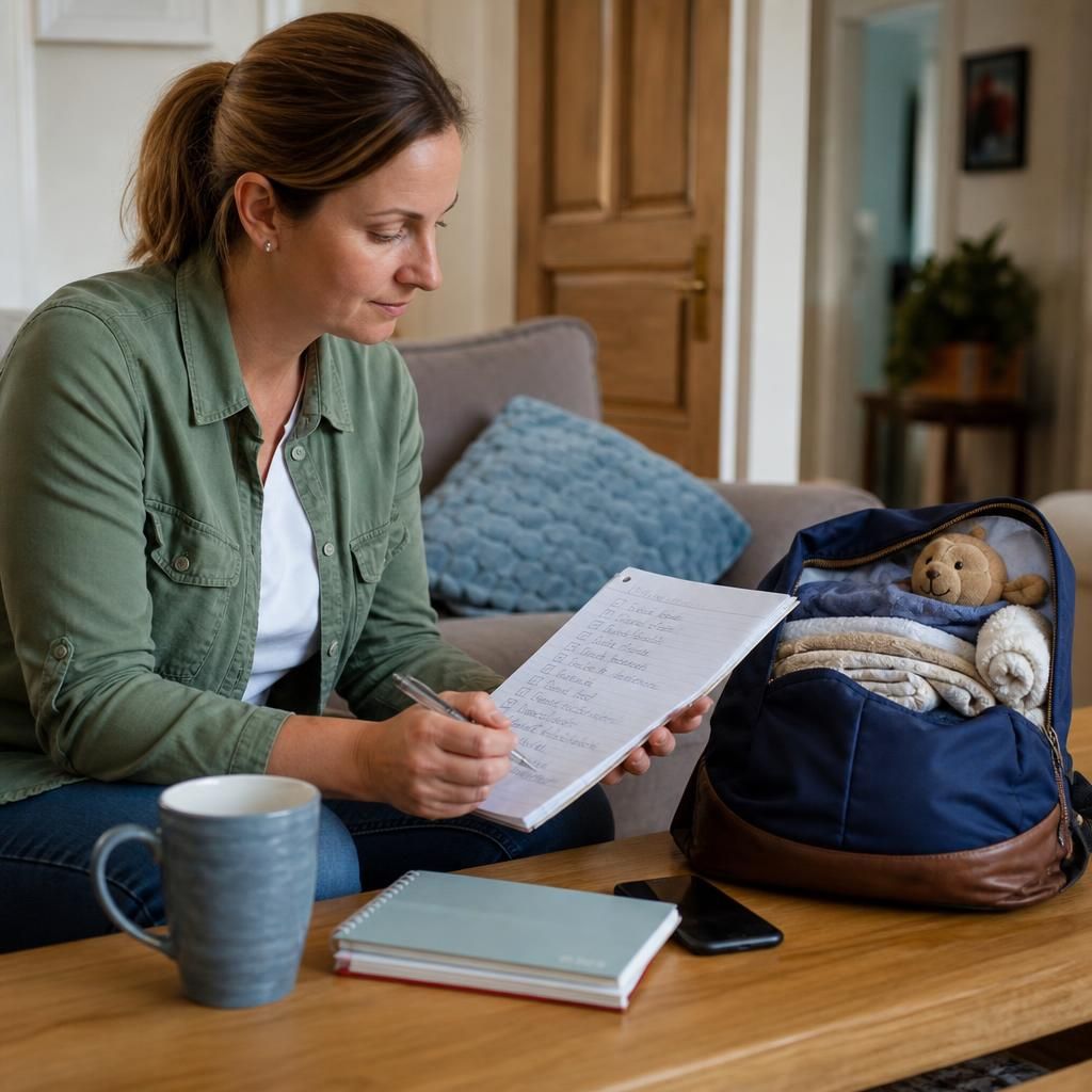 Foster carer checking a respite care handover checklist beside a child’s packed bag