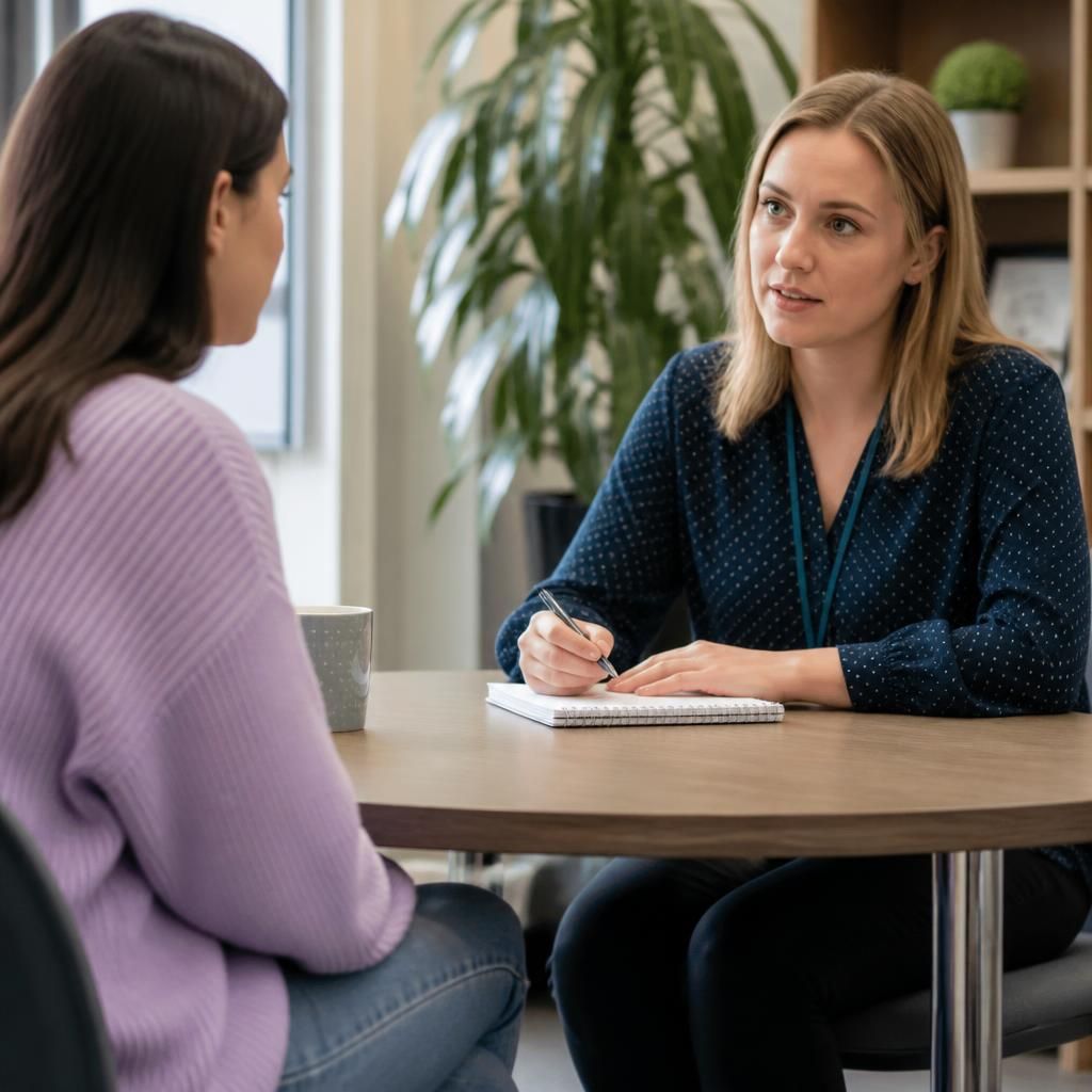 Young adult speaking with a fostering social worker at a table