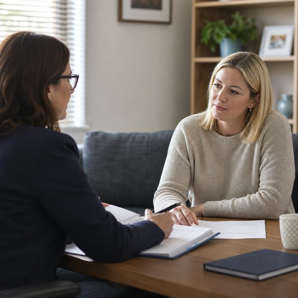 Prospective foster to adopt carer discussing assessment paperwork with a social worker