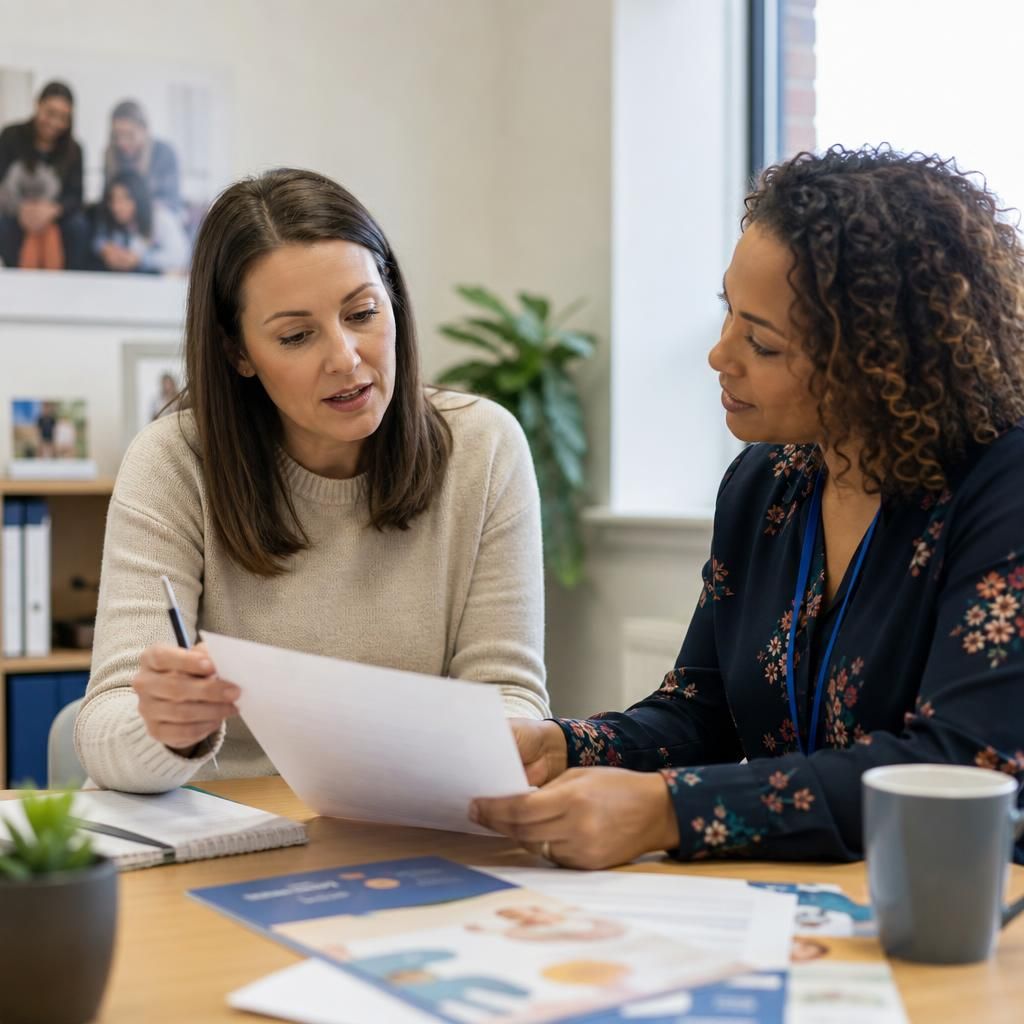Person reviewing fostering guidance documents with a care professional