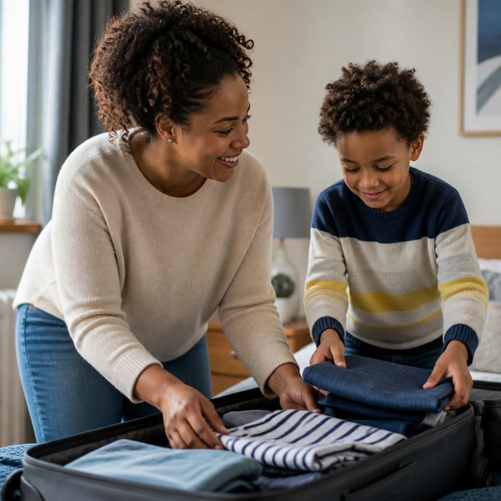 Respite carer and child packing a suitcase for a holiday