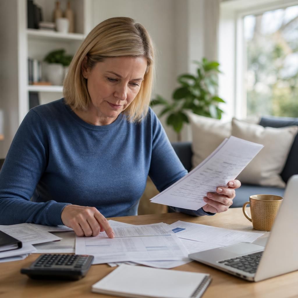 Foster carer reviewing tax records and paperwork at a desk