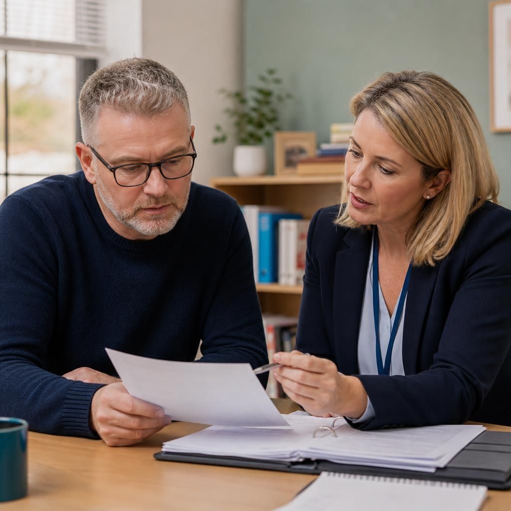 Foster carer reviewing assessment documents with a social worker