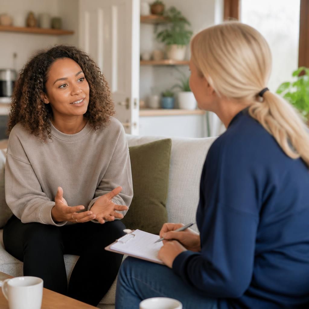 Prospective foster carer speaking with a fostering adviser at home