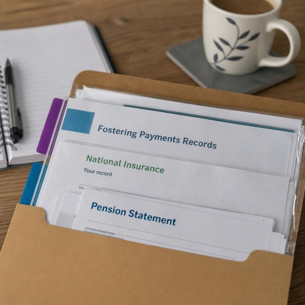 Folder containing fostering payment records, National Insurance documents and pension statements