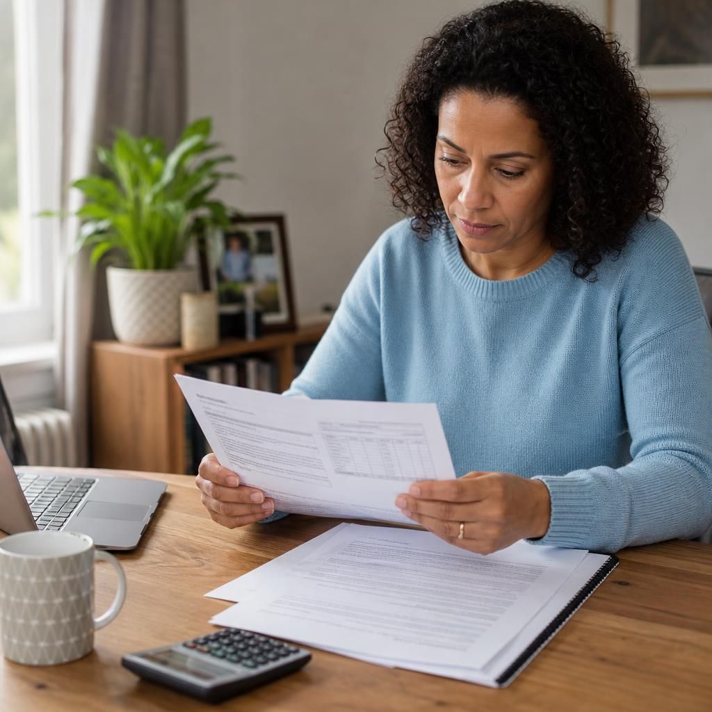 Foster carer reviewing an allowance statement and fostering agreement at a desk